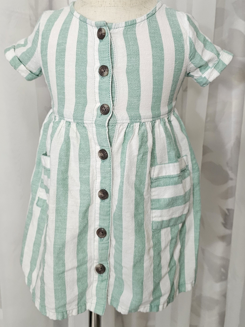 Old Navy Mint Green and White Striped Button-Front Kids Dress 12-18 Months